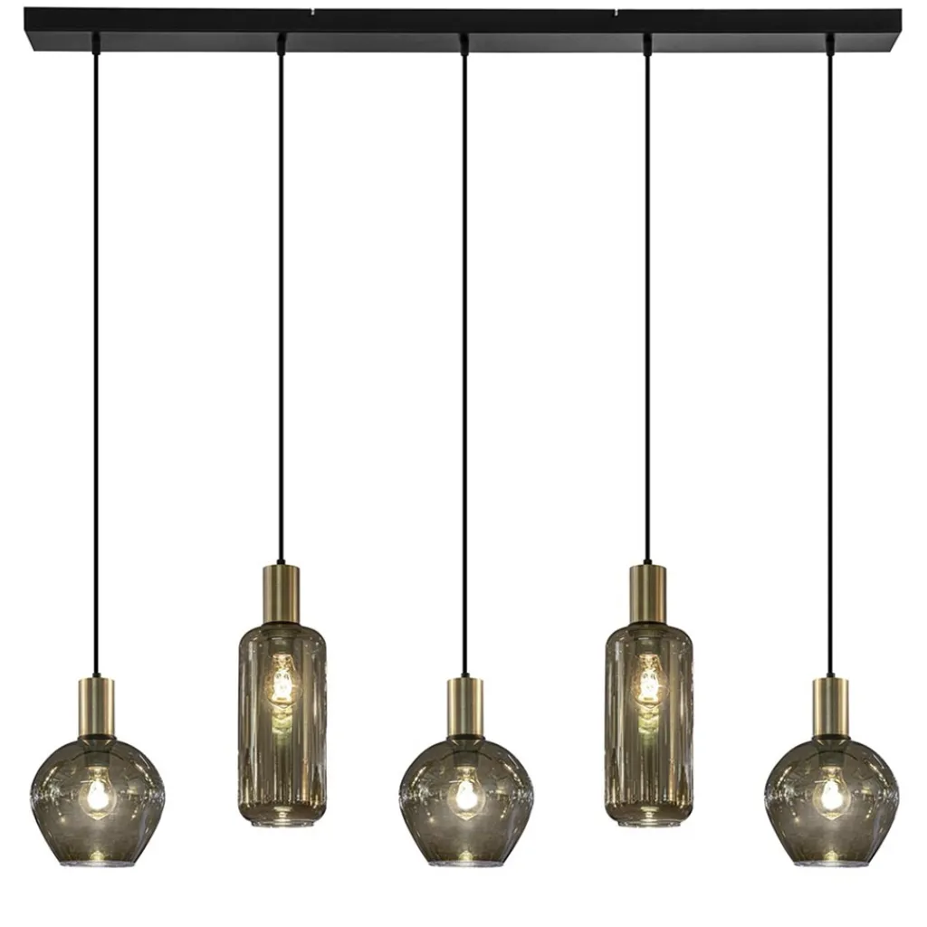 Straluma Chique 5-lichts hanglamp smoke glas met brons> Eettafellampen|Pendel Lampen