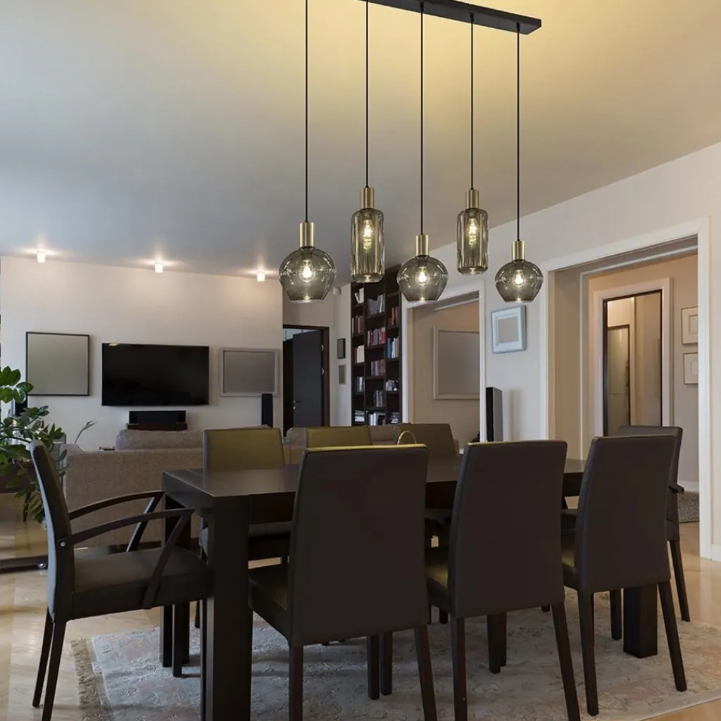 Straluma Chique 5-lichts hanglamp smoke glas met brons> Eettafellampen|Pendel Lampen