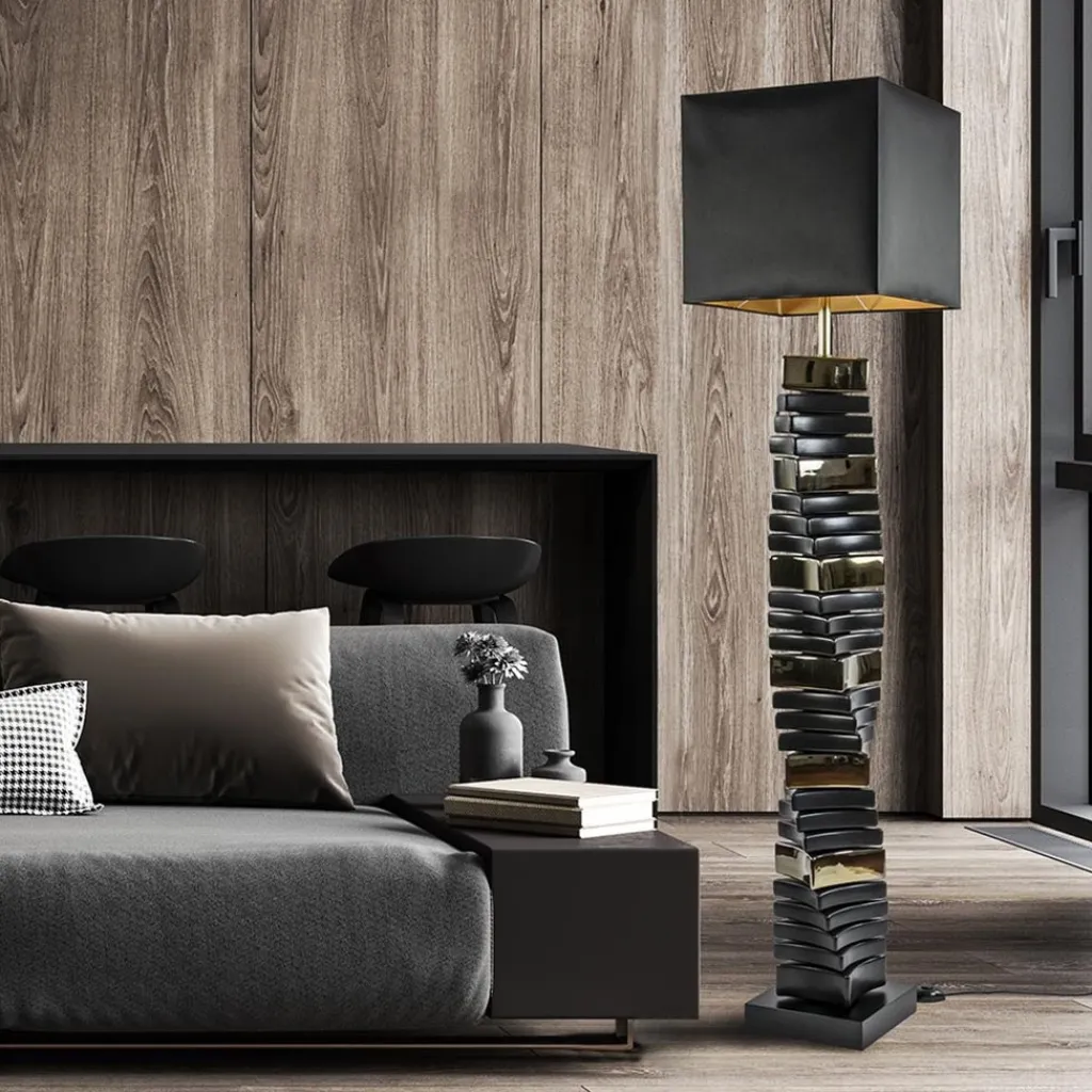 Straluma Design vloerlamp keramiek zwart/goud met zwarte kap> Schemerlampen|Woonkamerlampen