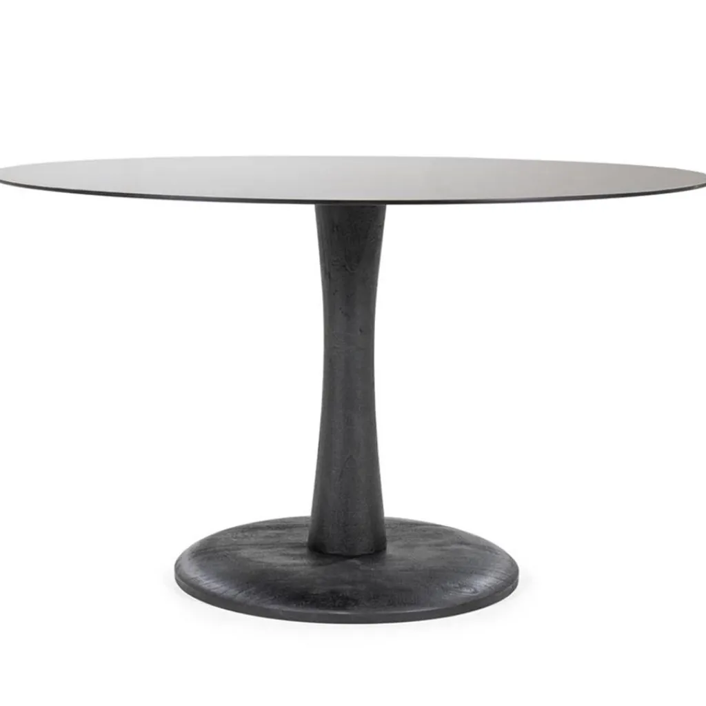 Straluma Eetkamertafel ronde glazen plaat zwart met mango houten voet> Eettafels