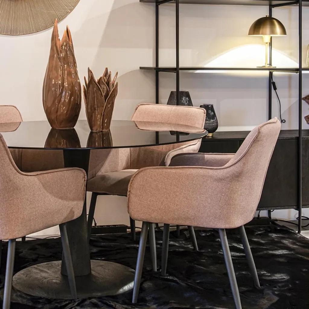 Straluma Eetkamertafel ronde glazen plaat zwart met mango houten voet> Eettafels