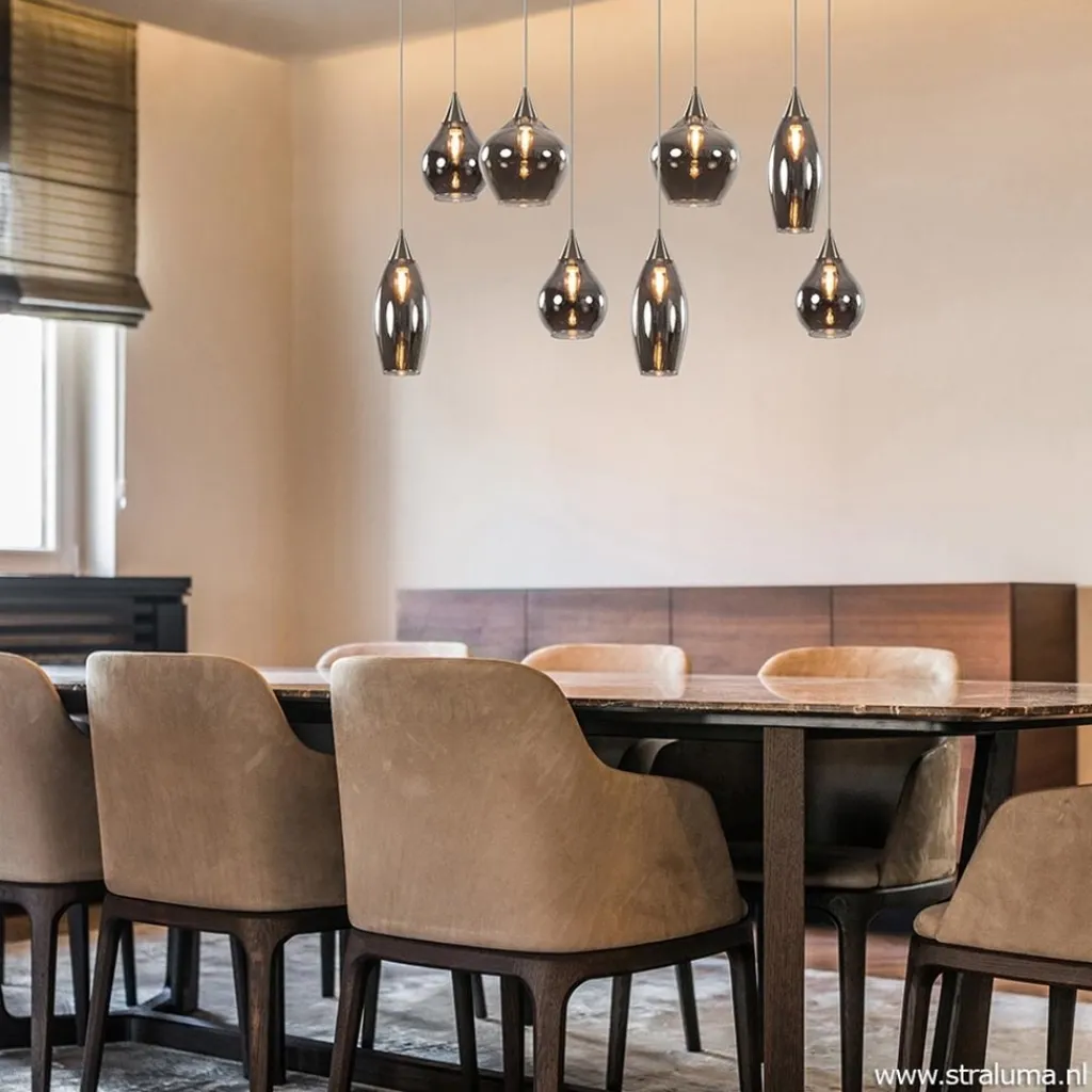 Straluma Eettafelhanglamp nikkel met smokey glas 8-lichts> Eettafellampen|Pendel Lampen