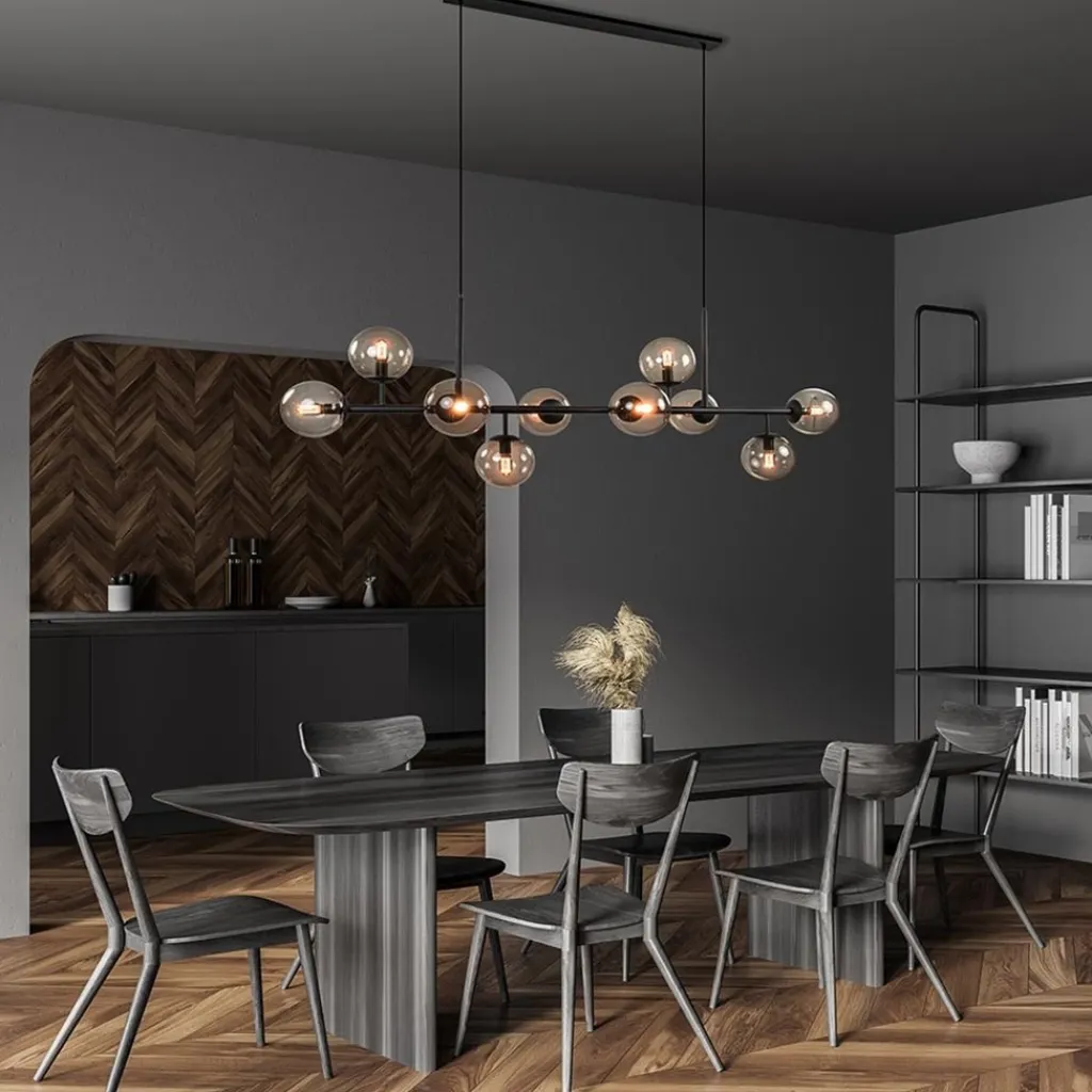Straluma Grote 10-lichts hanglamp mat zwart met smoke glazen bollen> Eettafellampen|Keukenverlichting