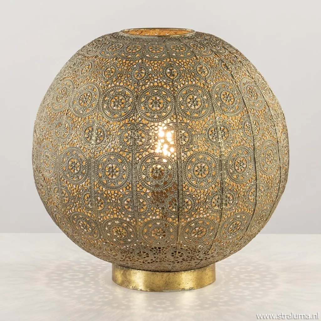 Straluma Grote tafellamp antiek messing met decoratief dessin> Tafellampen|Landelijke Verlichting