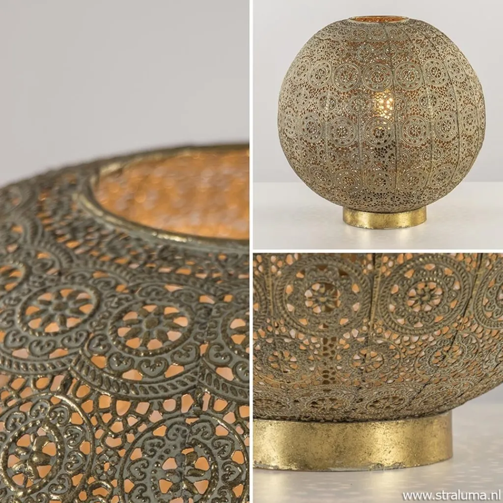 Straluma Grote tafellamp antiek messing met decoratief dessin> Tafellampen|Landelijke Verlichting