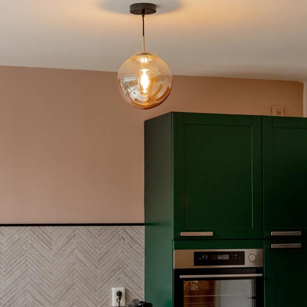 Straluma Hanglamp amber glazen bol 25 cm met messing> Woonkamerlampen|Slaapkamerlampen