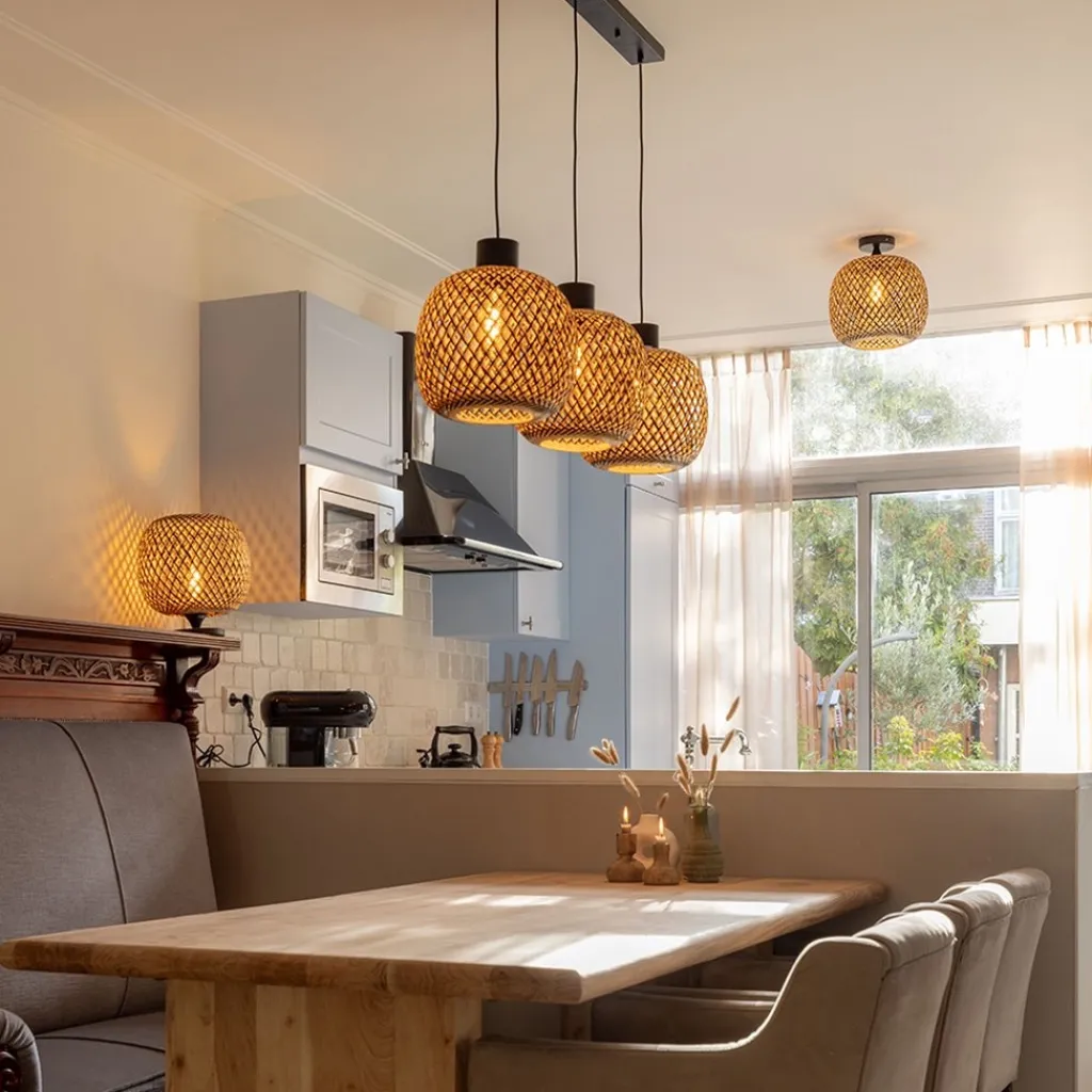 Straluma Hanglamp balk 3L zwart + bamboe> Eettafellampen|Keukenverlichting