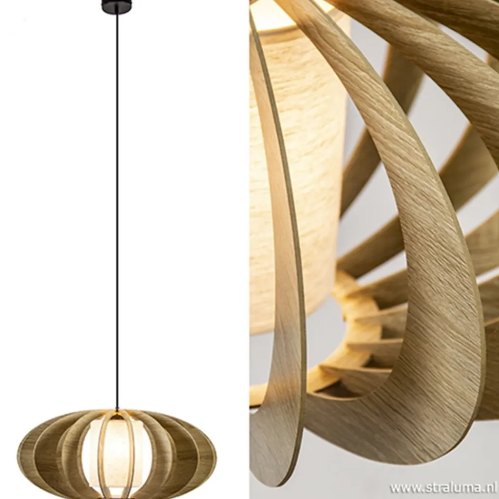 Straluma Hanglamp 64cm houten lamellen+linnen kap> Eettafellampen|Slaapkamerlampen