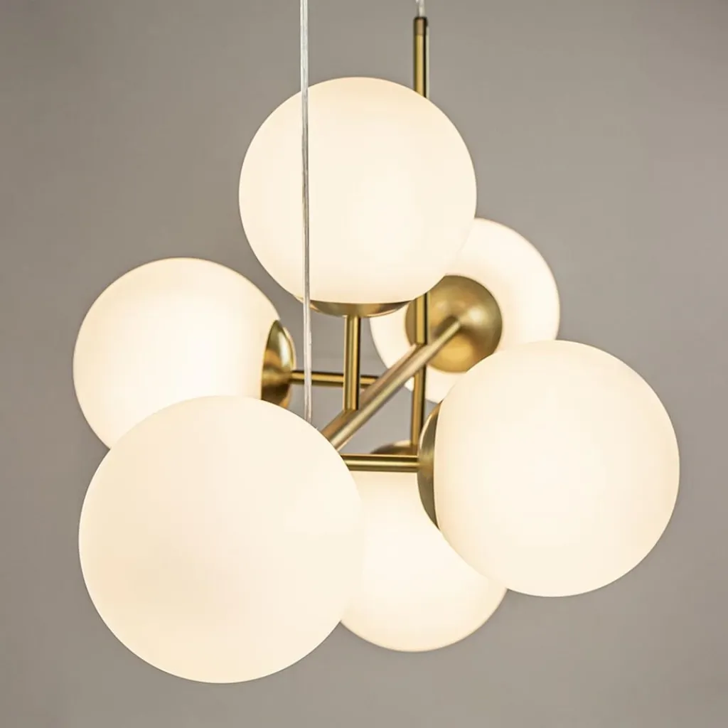 Straluma Hanglamp 6L brass met opaal bolglas> Eettafellampen|Keukenverlichting