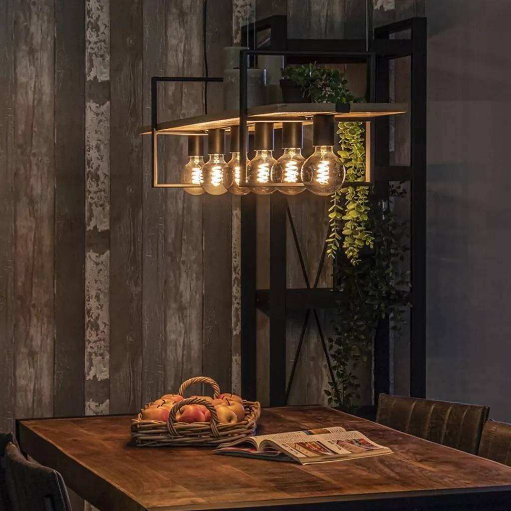 Straluma Hanglamp 6L zwart met houten planken> Eettafellampen|Keukenverlichting