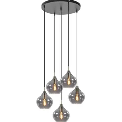 Straluma Hanglamp Rakel 5L rond antiek brass + smoke glas> Eettafellampen|Light and Living