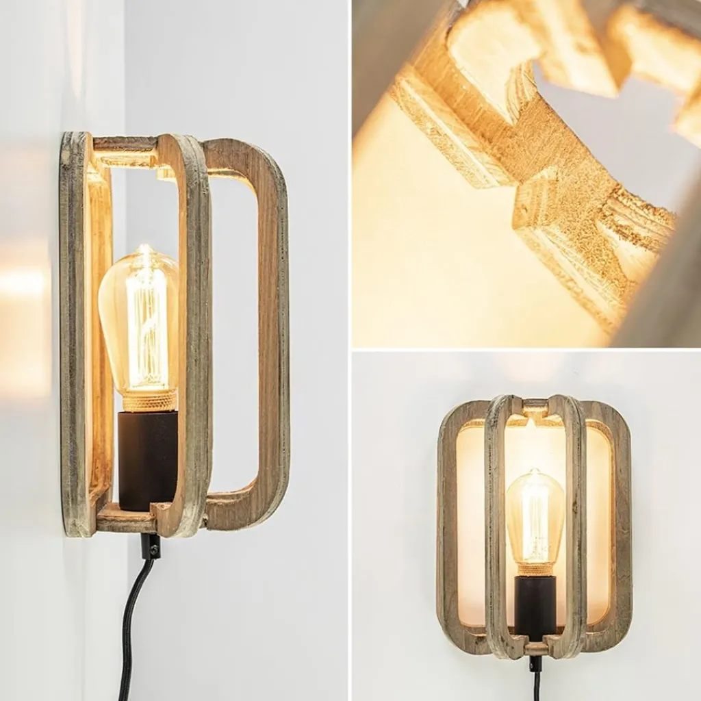 Straluma Houten wandlamp met zwarte fitting en snoer> Kooilampen|Woonkamerlampen