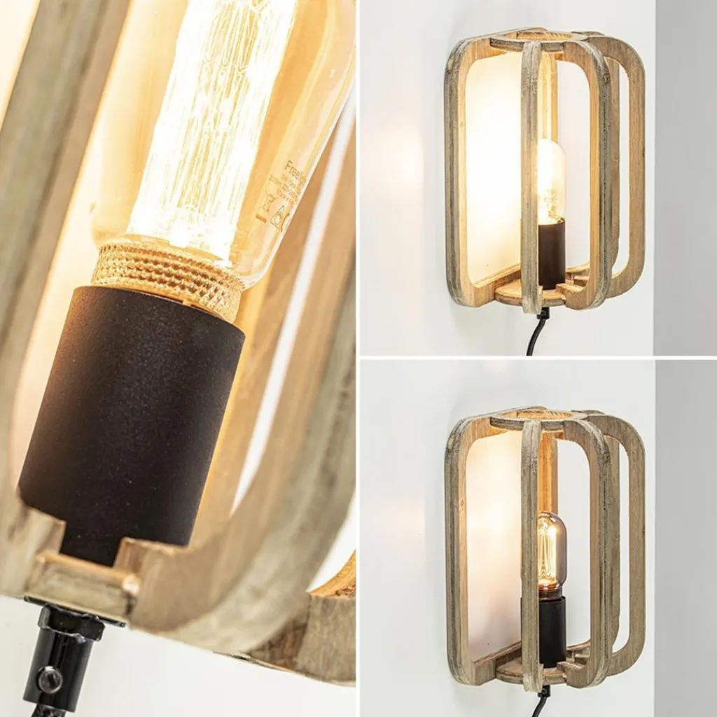 Straluma Houten wandlamp met zwarte fitting en snoer> Kooilampen|Woonkamerlampen