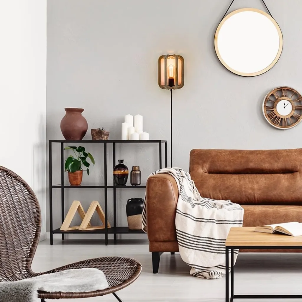 Straluma Houten wandlamp met zwarte fitting en snoer> Kooilampen|Woonkamerlampen