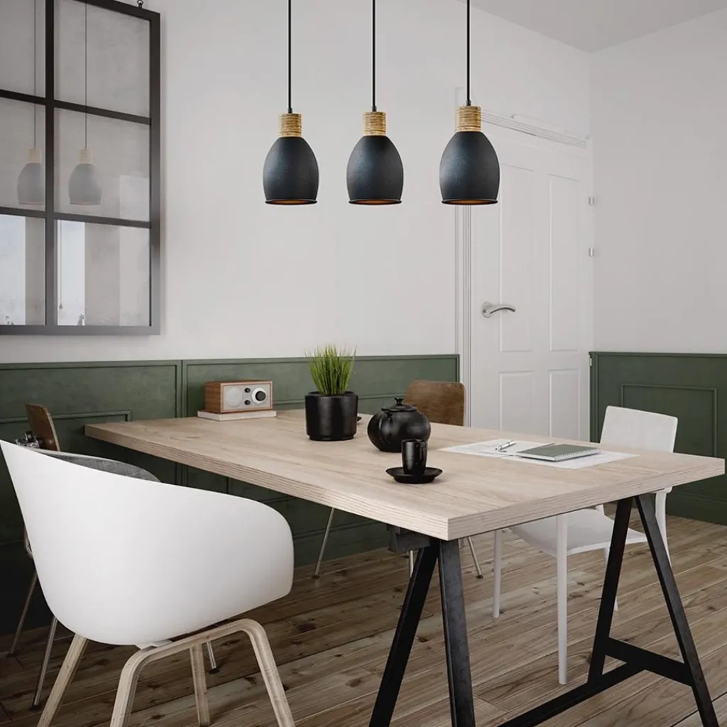 Straluma Industrieel landelijke hanglamp 3-lichts zwart met hout> Eettafellampen|Keukenverlichting