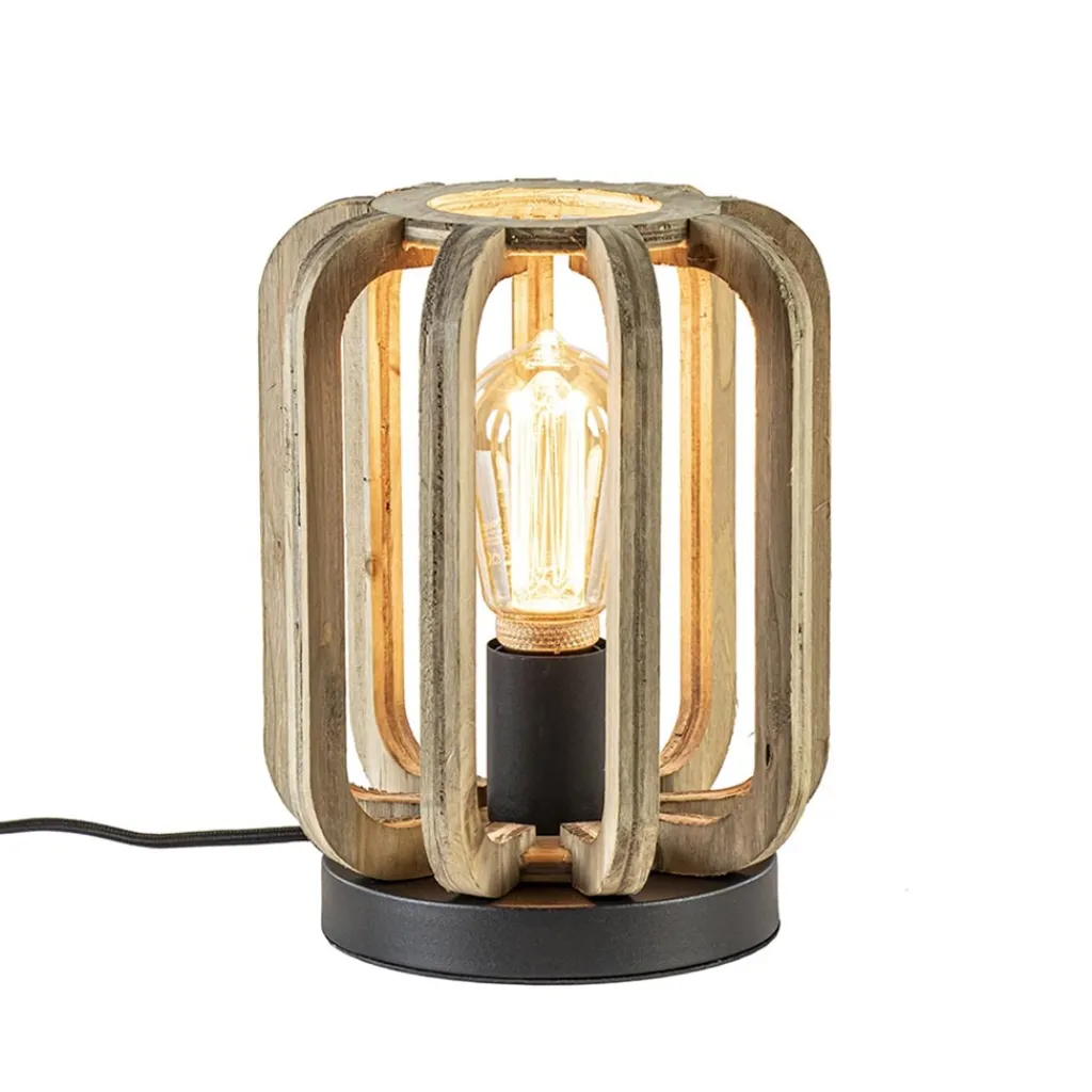 Straluma Industriële tafellamp houten kooi met mat zwart> Tafellampen|Kooilampen