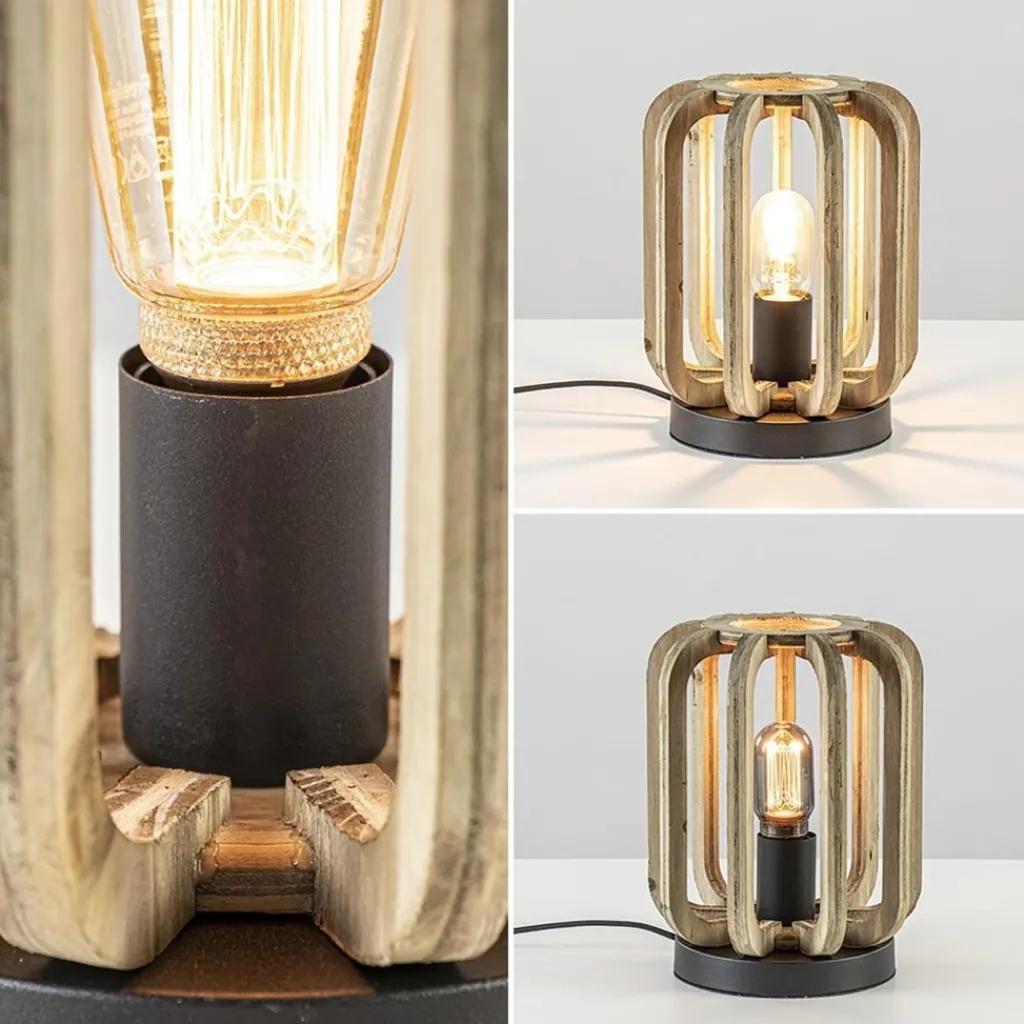 Straluma Industriële tafellamp houten kooi met mat zwart> Tafellampen|Kooilampen