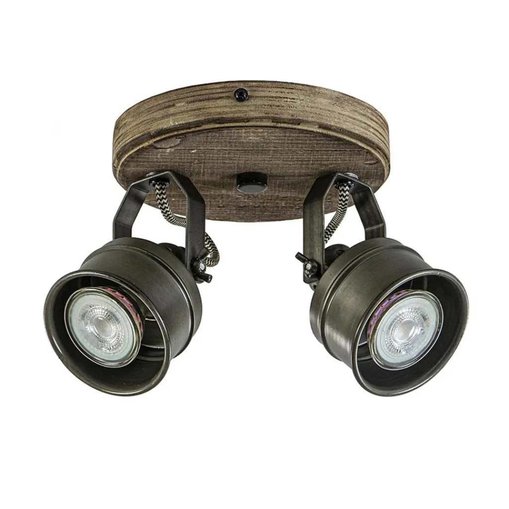 Straluma Landelijke 2-lichts opbouwspot gun metal met hout> Opbouwspots|Woonkamerlampen