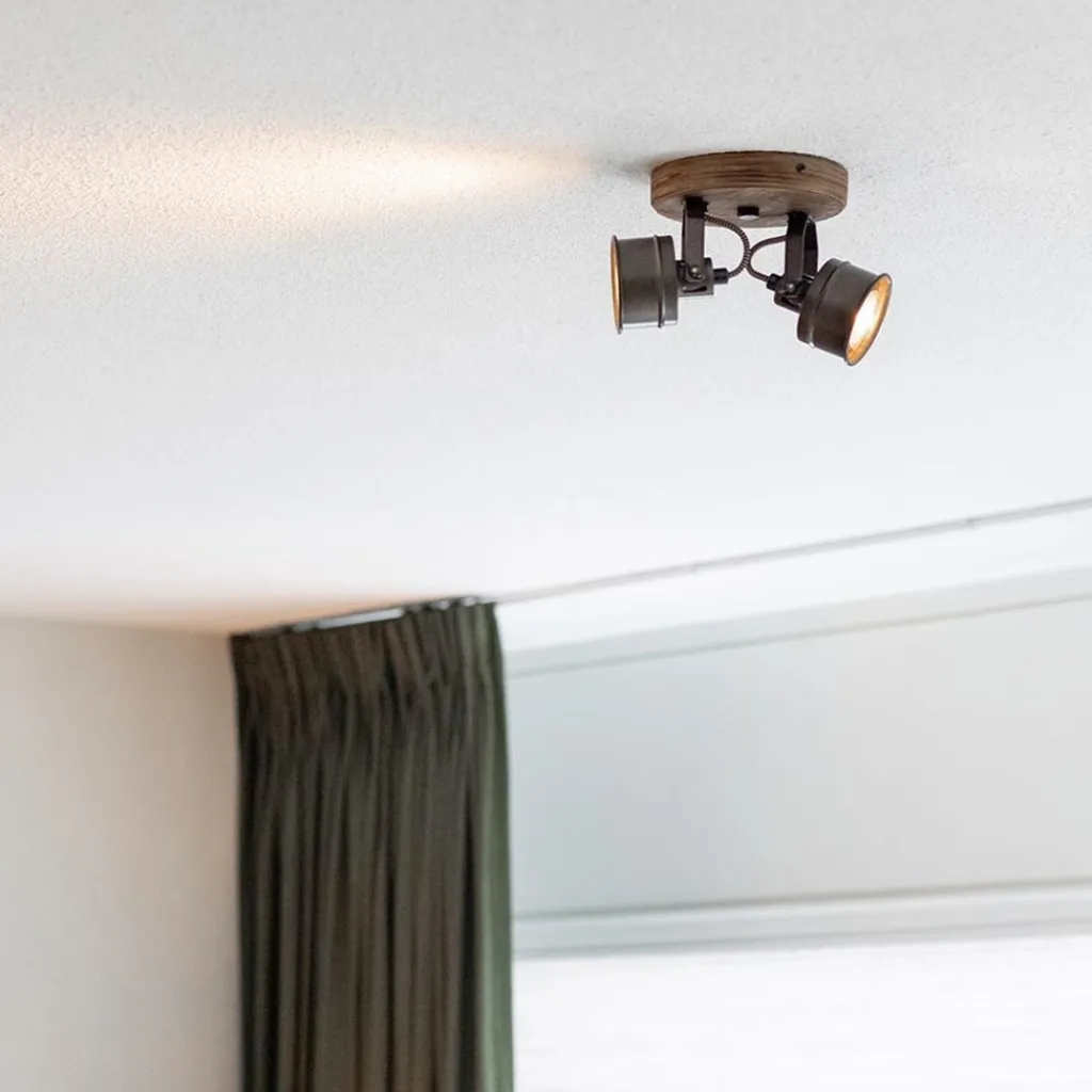 Straluma Landelijke 2-lichts opbouwspot gun metal met hout> Opbouwspots|Woonkamerlampen