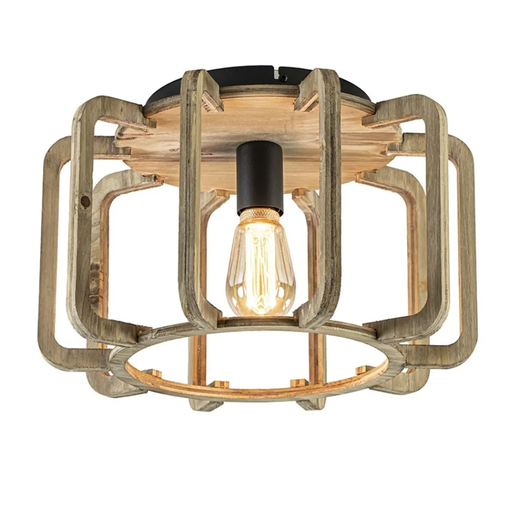 Straluma Landelijke plafondlamp ruw hout mat zwart> Kooilampen|Woonkamerlampen