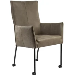 Straluma Lederen armstoel taupe met zwarte poot en wieltjes> Eetkamerstoelen