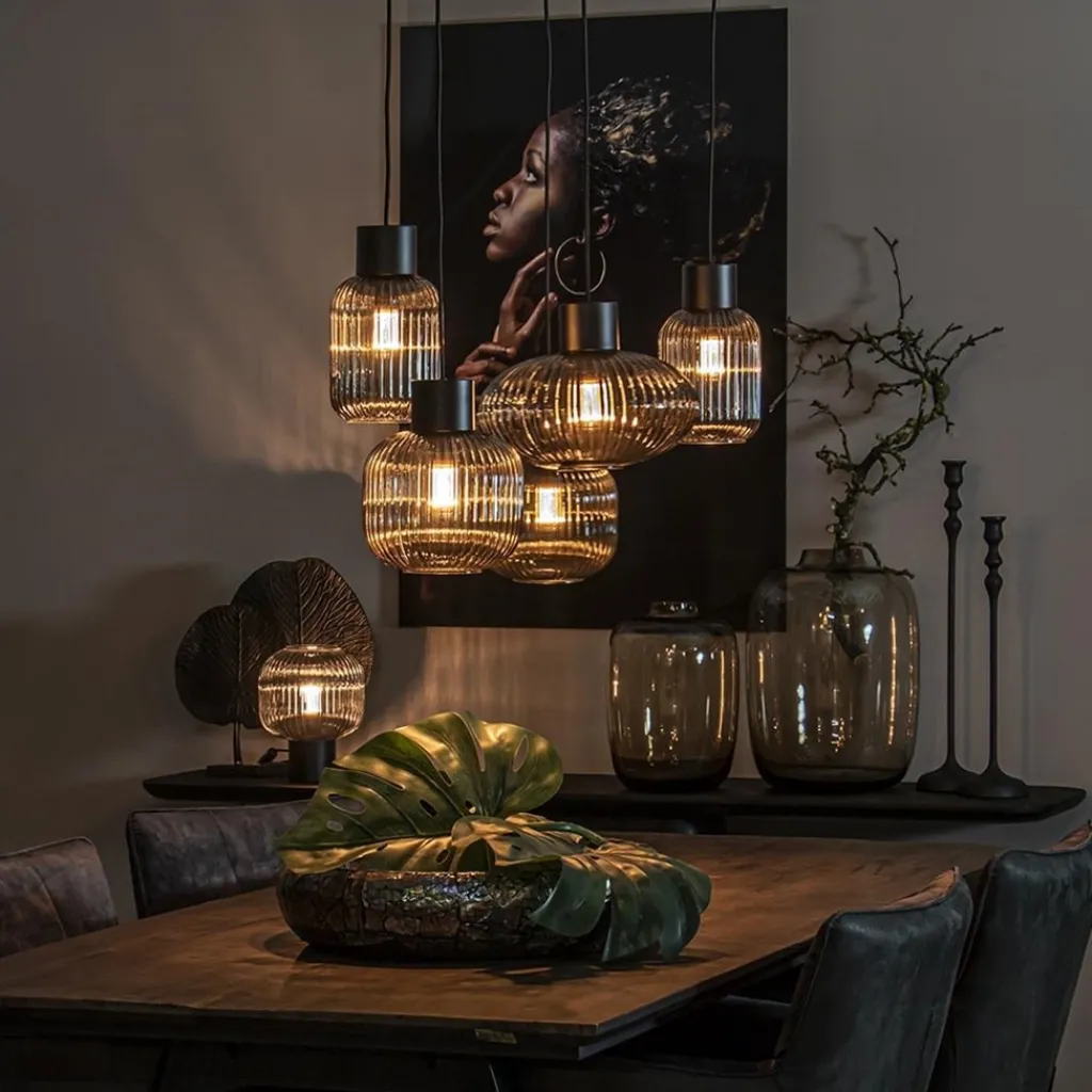 Straluma 5-Lichts eettafelhanglamp geribbeld smoke glas met zwart> Eettafellampen|Eetkamerverlichting