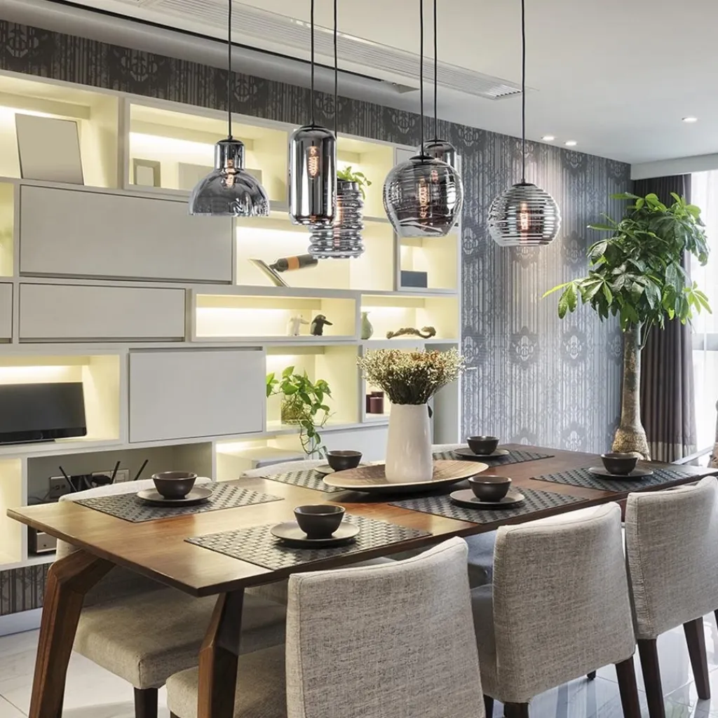 Straluma 6-Lichts eettafelhanglamp met smoke/titanium glas> Eettafellampen|Pendel Lampen