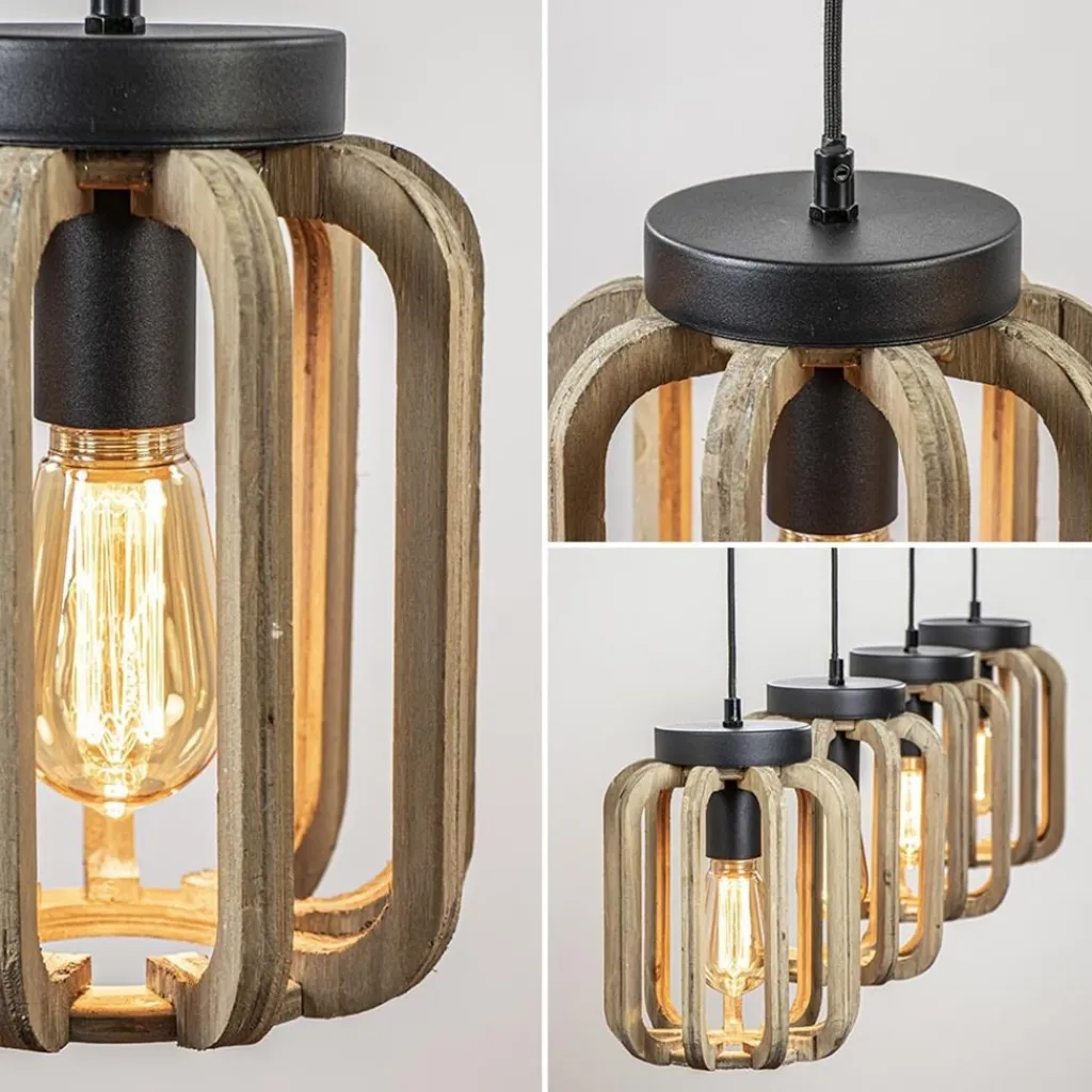 Straluma 4-Lichts eettafelhanglamp mat zwart met ruw hout> Eettafellampen|Kooilampen