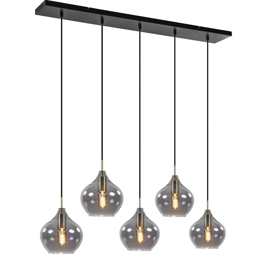Straluma 5-Lichts eettafelhanglamp Rakel antiek brass met smoke glas> Eettafellampen|Light and Living