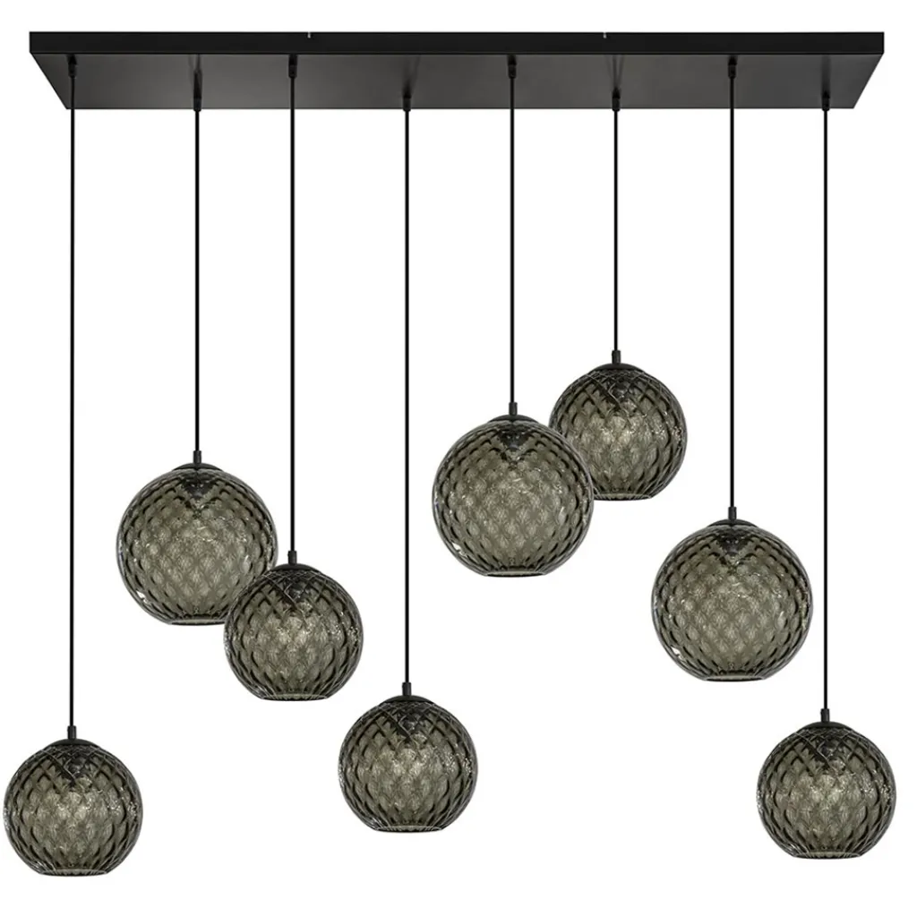 Straluma 8-Lichts eettafelhanglamp zwart met smoke glazen kappen reliëf> Eettafellampen|Pendel Lampen