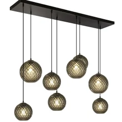 Straluma 8-Lichts eettafelhanglamp zwart met smoke glazen kappen reliëf> Eettafellampen|Pendel Lampen