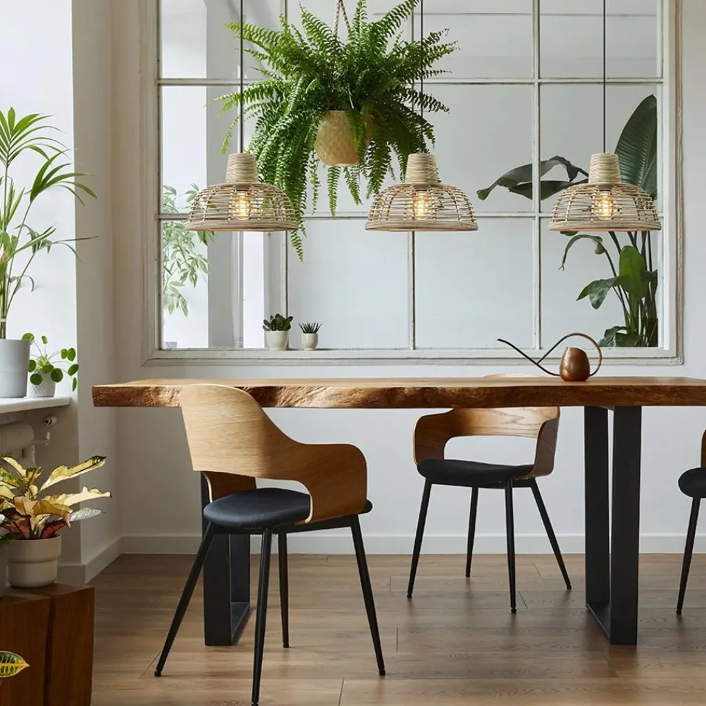 Straluma 3-Lichts eettafelhanglamp zwart met rotan kappen> Eettafellampen|Keukenverlichting