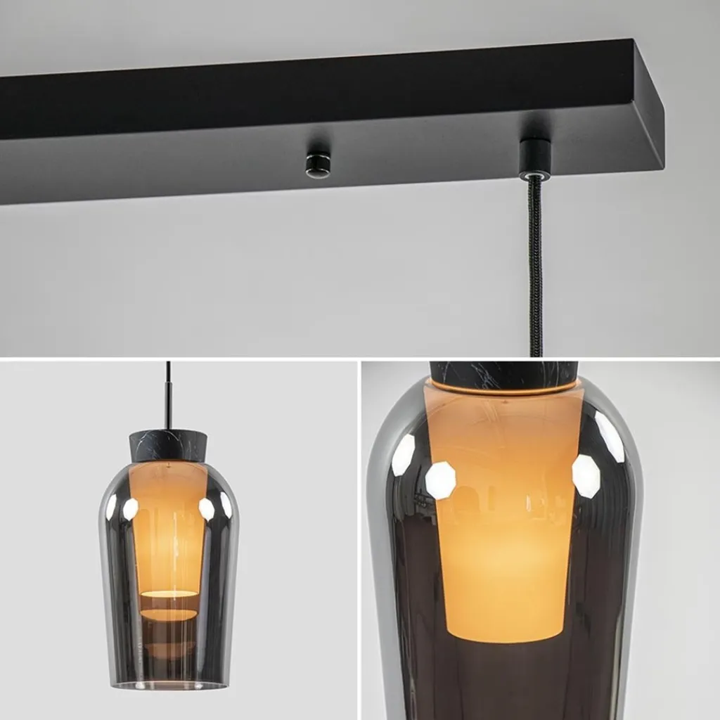 Straluma 3-Lichts hanglamp balk zwart/marmer met smoke glas> Eettafellampen|Eetkamerverlichting