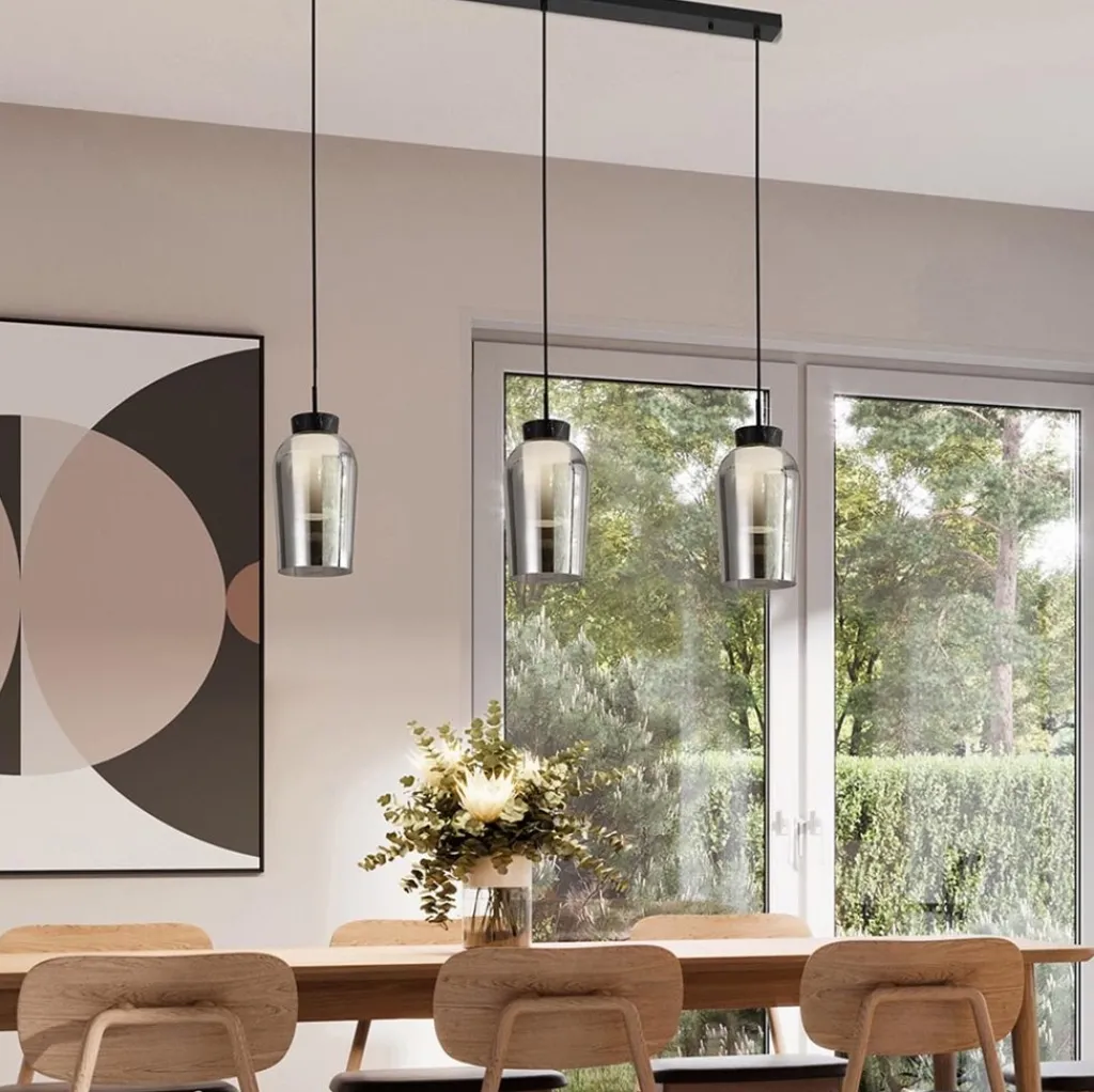 Straluma 3-Lichts hanglamp balk zwart/marmer met smoke glas> Eettafellampen|Eetkamerverlichting