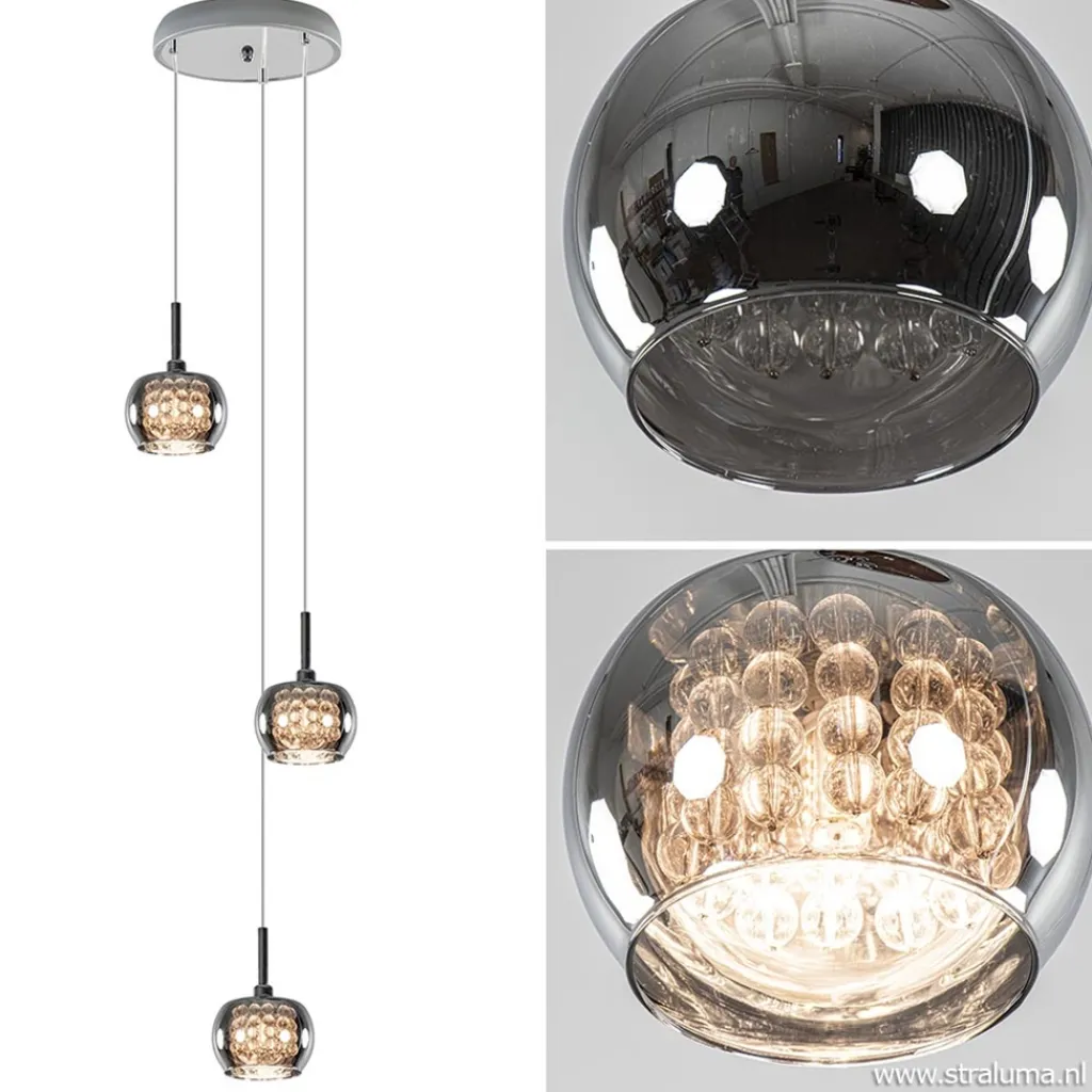 Straluma 3-Lichts hanglamp chroom met smokey glazen kappen> Pearl|Pendel Lampen