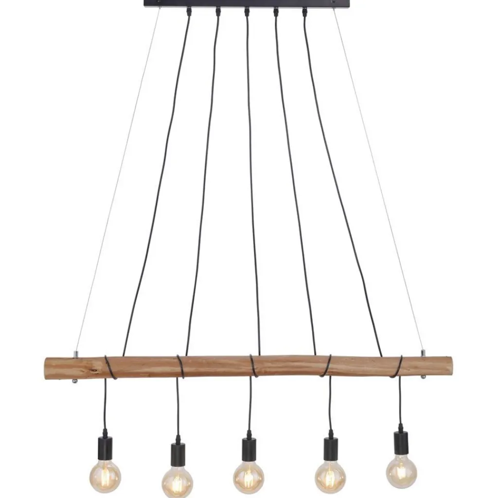 Straluma 5-Lichts hanglamp houten balk met zwarte pendels> Eettafellampen|Pendel Lampen