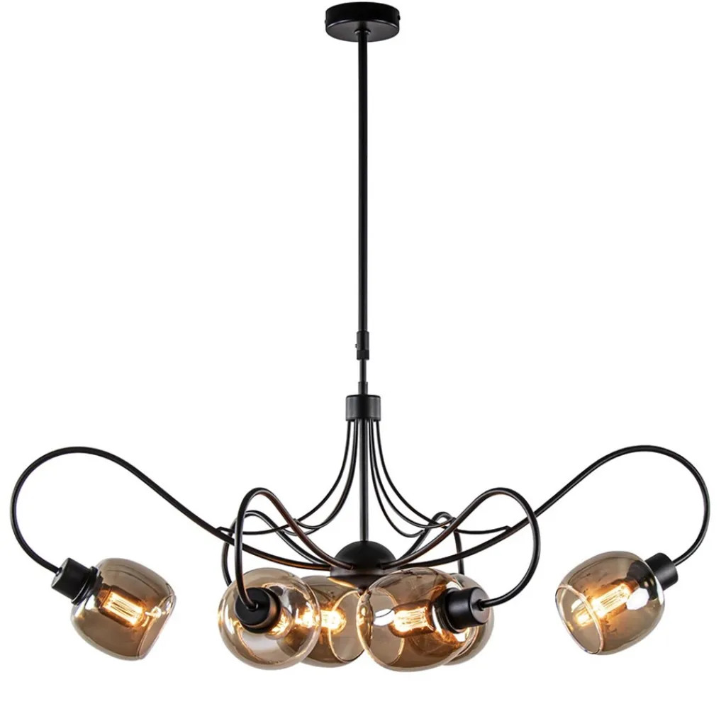 Straluma 6-Lichts hanglamp mat zwart met smoke glazen kappen> Eettafellampen|Woonkamerlampen