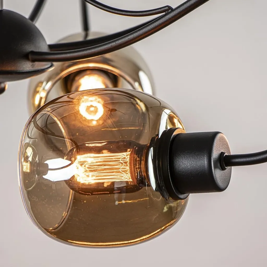 Straluma 6-Lichts hanglamp mat zwart met smoke glazen kappen> Eettafellampen|Woonkamerlampen