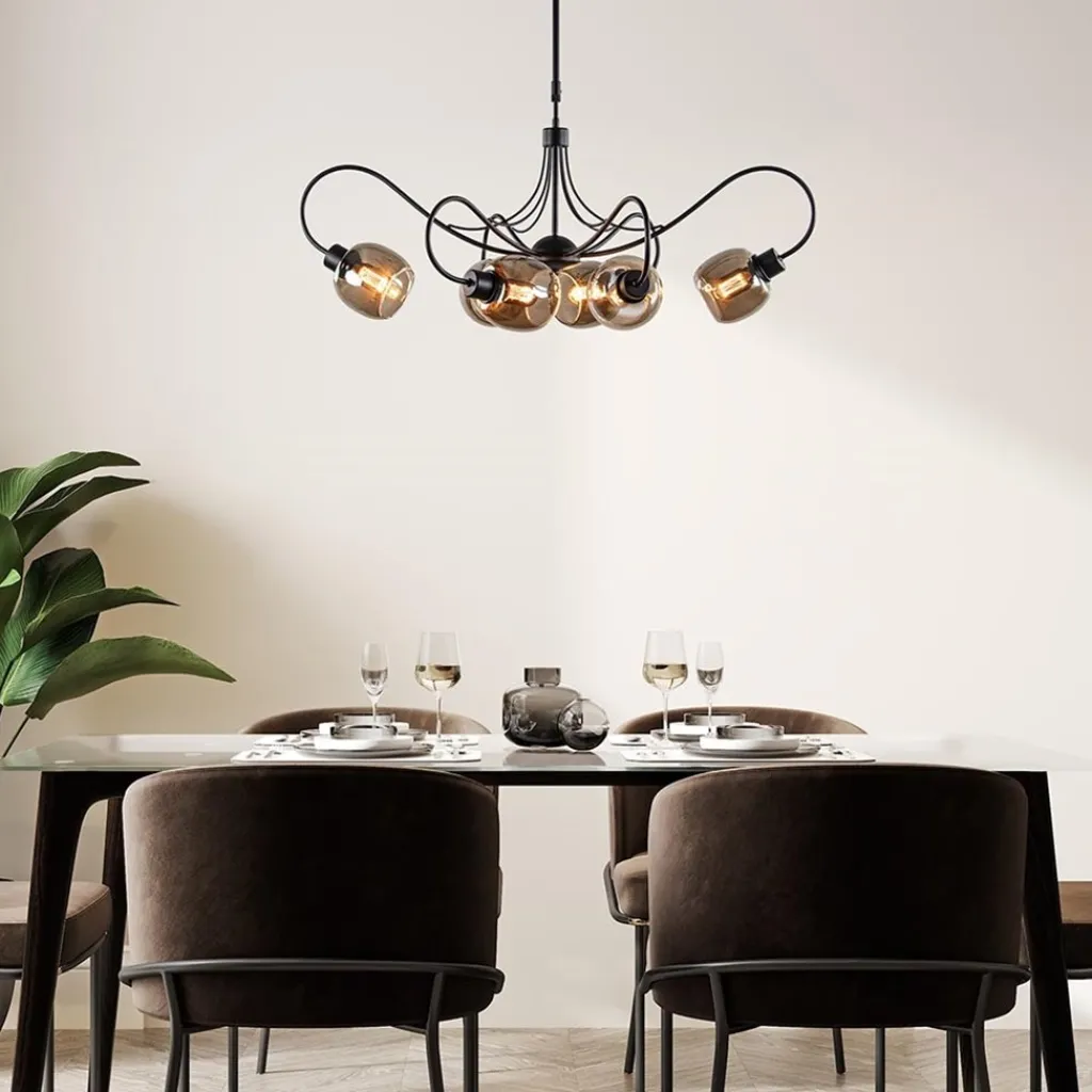 Straluma 6-Lichts hanglamp mat zwart met smoke glazen kappen> Eettafellampen|Woonkamerlampen