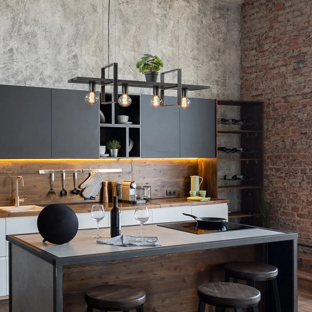 Straluma 4-Lichts hanglamp zwart met zwarte houten planken> Eettafellampen|Eetkamerverlichting