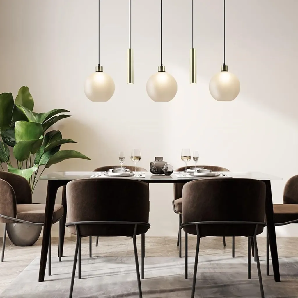 Straluma 5-Lichts hanglamp zwart-goud met opaal glas> Eettafellampen|Pendel Lampen