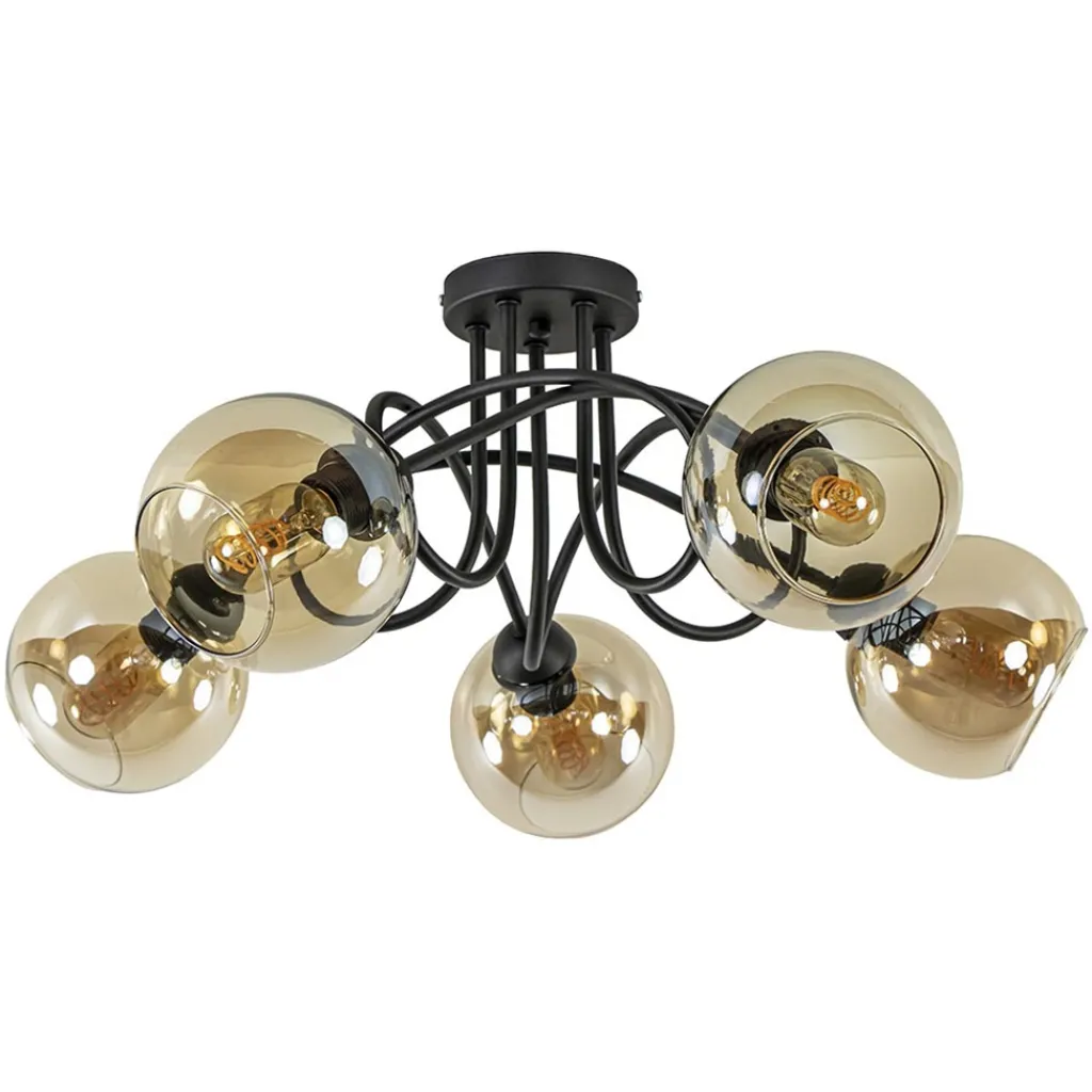 Straluma 5-Lichts klassieke plafondlamp zwart met amber glazen bollen> Plafondlampen|Klassieke Verlichting