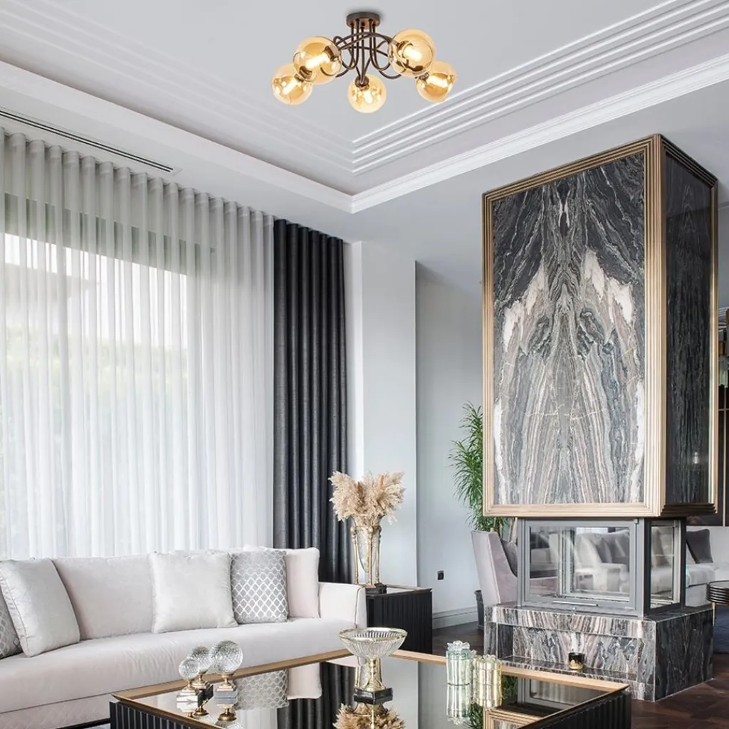 Straluma 5-Lichts klassieke plafondlamp zwart met amber glazen bollen> Plafondlampen|Klassieke Verlichting