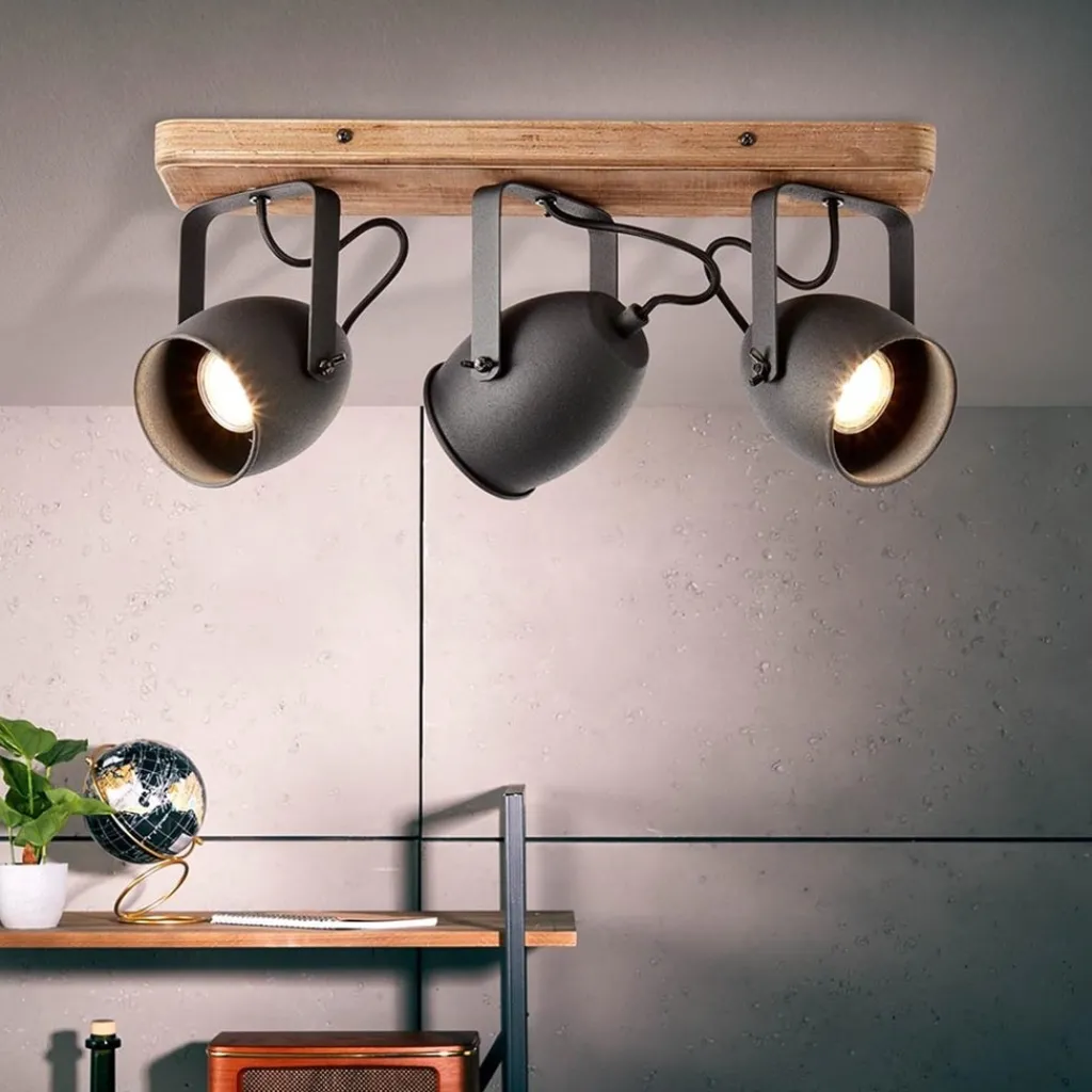 Straluma 3-Lichts opbouwspot mat zwart met hout> Opbouwspots|Woonkamerlampen