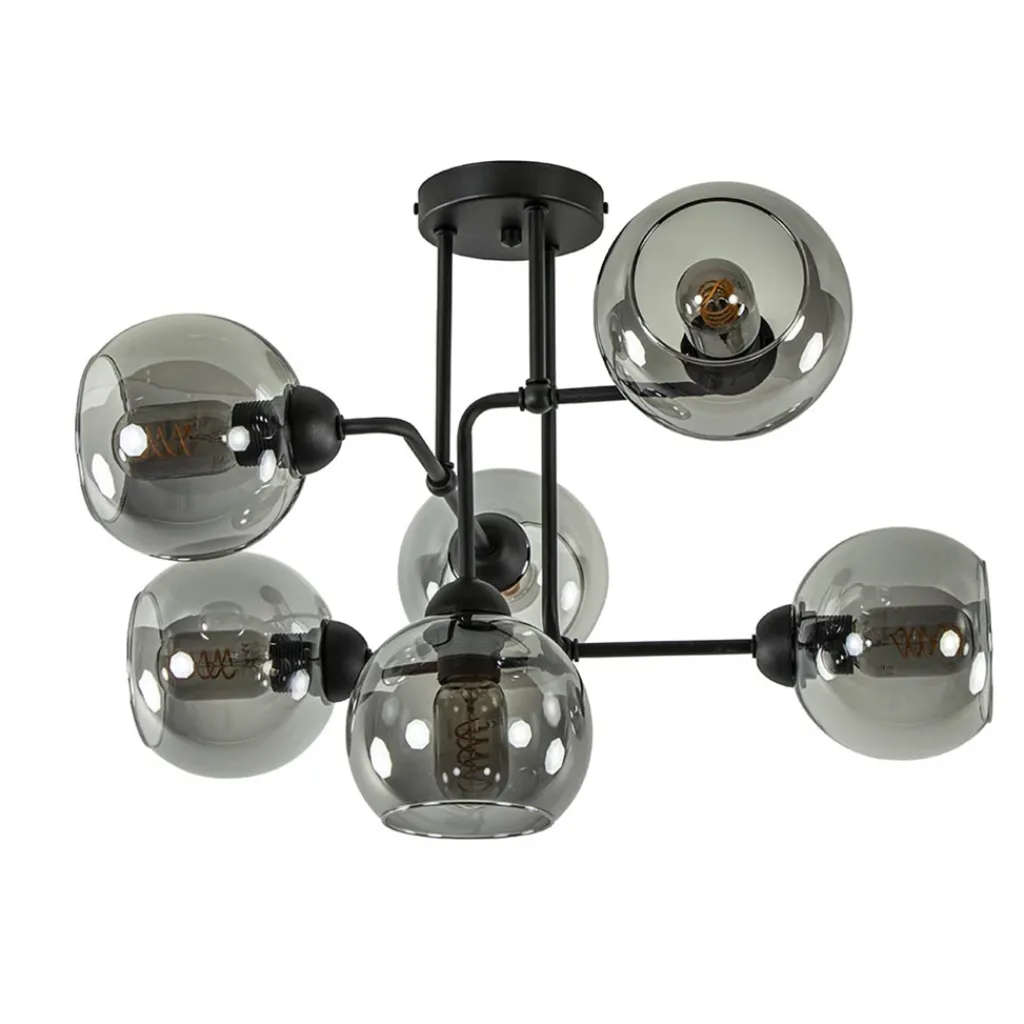 Straluma 6-Lichts plafondlamp zwart met smoke glazen bollen> Plafondlampen|Luxe Verlichting