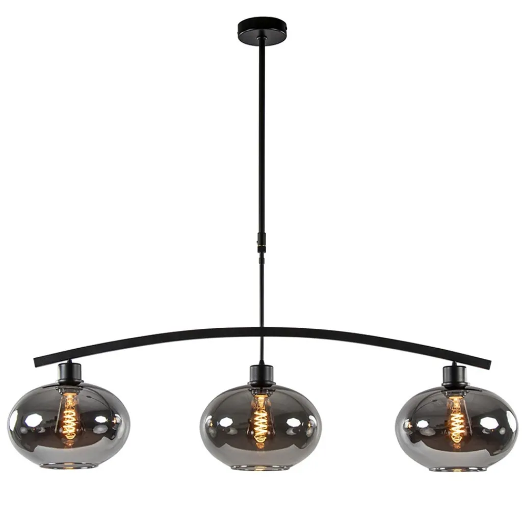 Straluma 3-Lichts retro hanglamp zwart met smoke glas> Eettafellampen|Eetkamerverlichting