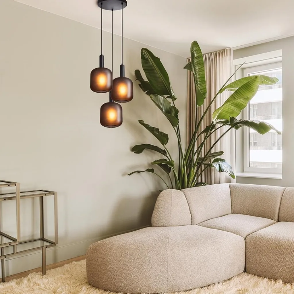 Straluma 3-Lichts ronde hanglamp mat zwarte glazen kappen> Eettafellampen|Pendel Lampen