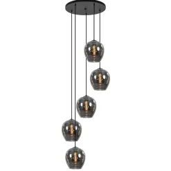 Straluma 5-Lichts ronde hanglamp zwart met smokey glas> Videverlichting|Pendel Lampen