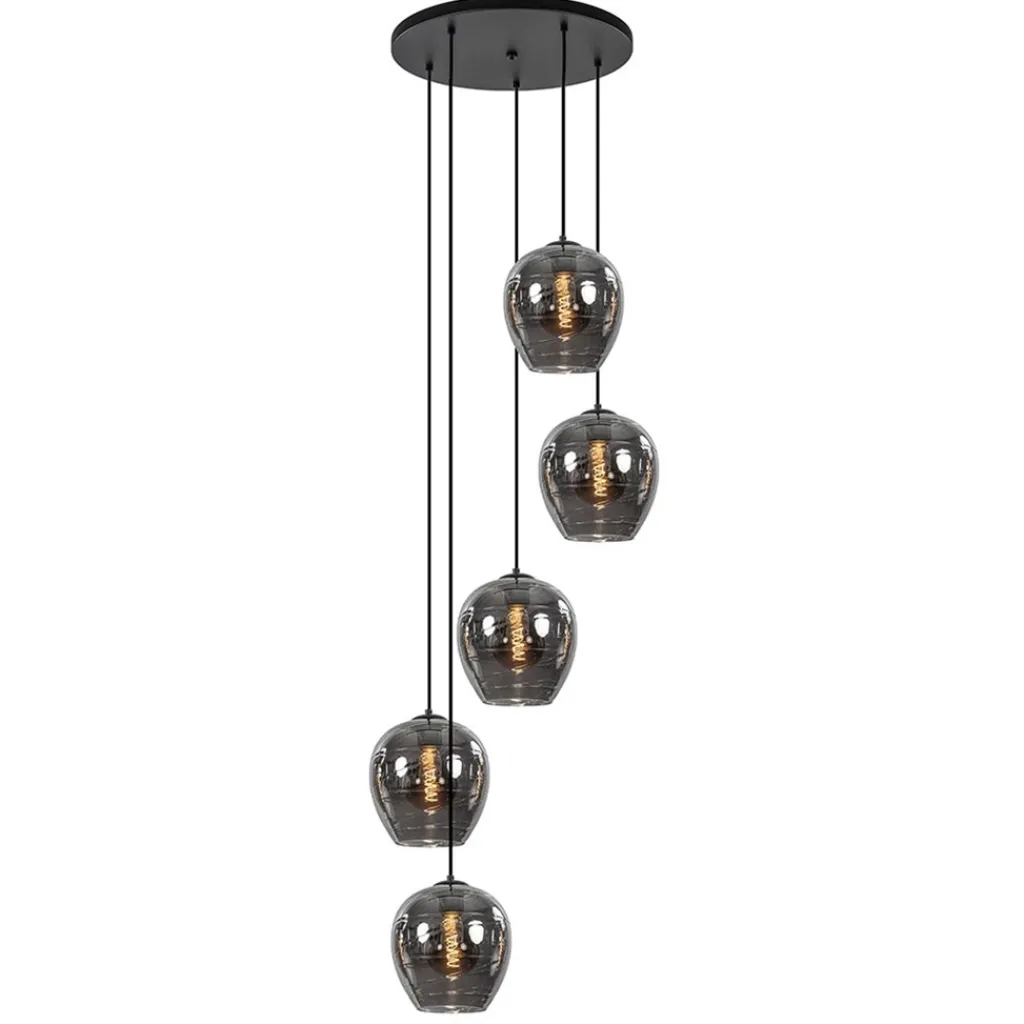 Straluma 5-Lichts ronde hanglamp zwart met smokey glas> Videverlichting|Pendel Lampen