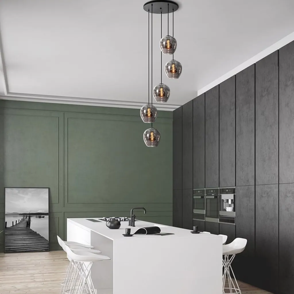 Straluma 5-Lichts ronde hanglamp zwart met smokey glas> Videverlichting|Pendel Lampen